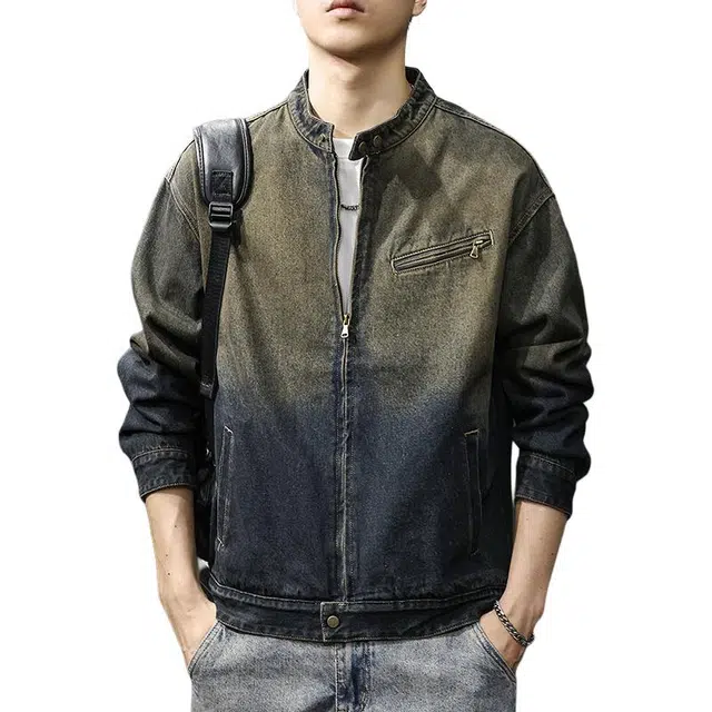 前进牛 秋季美式休闲经典复古潮牌高端渐变拽酷高街立领外穿衬衫男潮流硬汉风哈灵顿水洗痞帅宽松休闲夹克衬衣男牛仔外套 男款