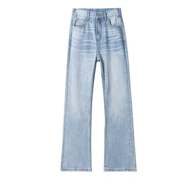 加荣 美式复古水洗做旧男牛仔裤高街条纹设计潮牌拖地男休闲裤子宽松男直筒微喇秋季男款春秋日常百搭可系皮带男长裤 男女同款