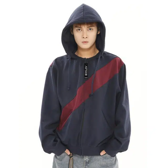 艾梵斯贝 美式复古潮流连帽秋冬潮牌设计拼接宽松休闲时尚高级感无性别日常通勤百搭学院风情侣开衫卫衣 男女同款