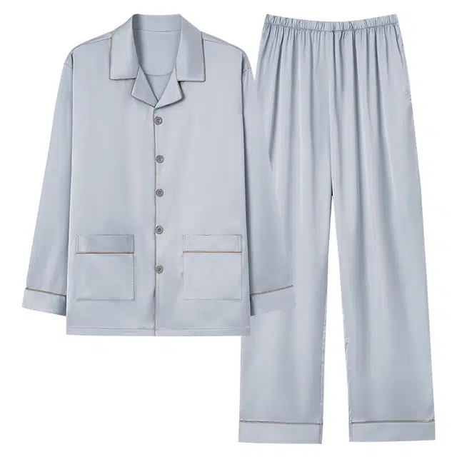 俏佳人 丝滑冰丝高级感翻领开衫纯色休闲简约家居服亲肤舒适透气长袖长裤睡衣套装 男款