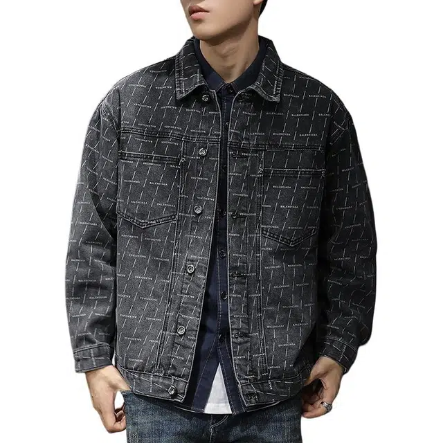 前进牛 秋季美式经典潮牌印花复古上衣宽松大码休闲小众设计感痞帅上衣牛仔外套 男款