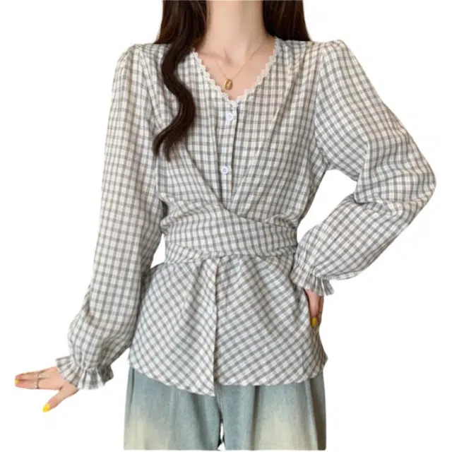 荟萃阁 设计感减龄格子绑带显瘦掐腰长袖衬衫 女款