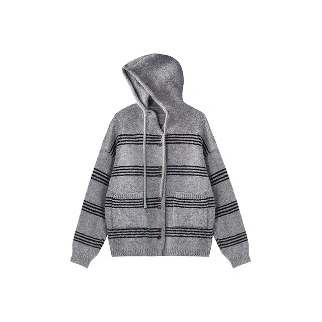 敲模女孩 学院慵懒风百搭撞色条纹连帽宽松外套针织衫 女款