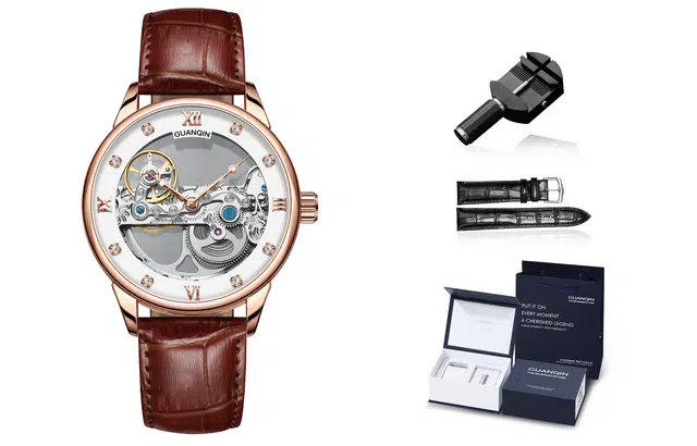 冠琴 时尚简约全景镂空飞轮男士国潮手表 自动机械机芯 牛皮表带 国表 男表 白色表盘