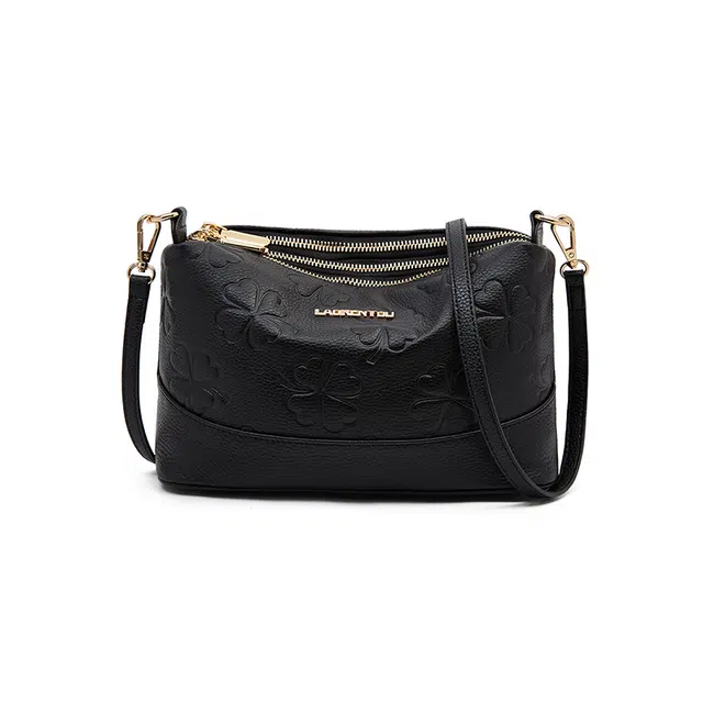 老人头 时尚简约通勤高级感优雅气质压花百搭休闲通勤包 牛皮革 单肩包斜挎包 女款 黑色