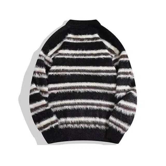 洞洞拐 小众马海毛黑白条纹设计感宽松软糯慵懒风圆领针织衫 男女同款