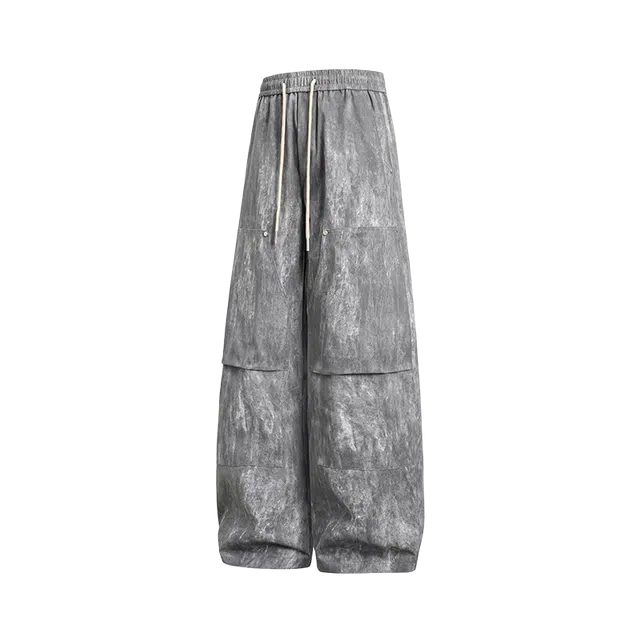 一碗士多 磨砂样式褶皱高级感设计满印美式复古时尚户外通勤日常出片百搭青春活力舒适宽松显高显瘦痞帅四季基础款中腰直筒休闲裤 男女同款