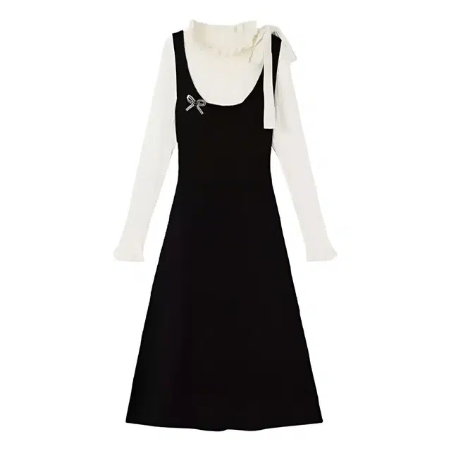 敲模女孩 法式气质小香风穿搭高级感假两件修身长袖连衣裙 女款