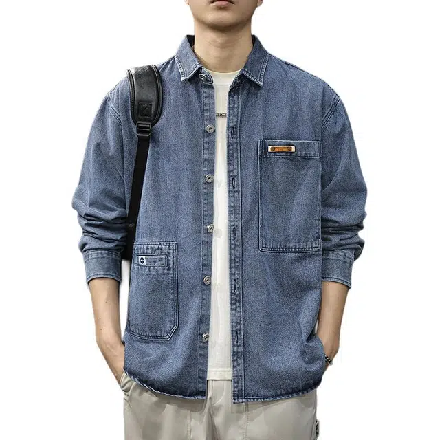 前进牛 秋季日系经典潮牌复古水洗外穿衬衫男潮流老钱风通勤翻领百搭宽松休闲上衣男牛仔外套 男款