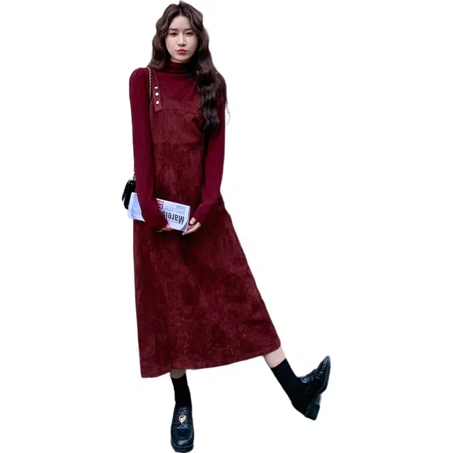 袋鼠 复古优雅高领简约舒适纯色背带裙质感两件裙装套装 女款