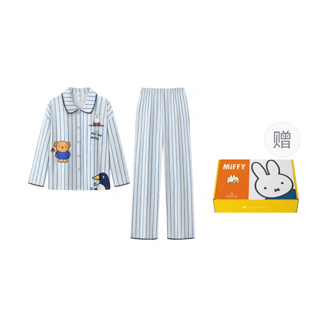 宫蝶 米菲纯棉长袖家居服条纹开衫卡通满印休闲可外穿宽松睡衣套装 女款 礼盒装