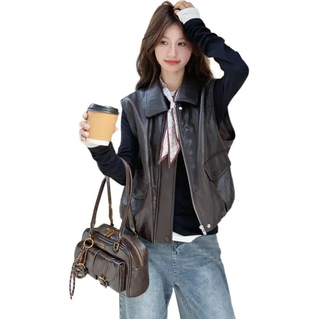 袋鼠 韩系气质甜酷设计感翻领无袖皮衣外套马甲 女款