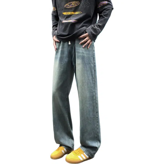 袋鼠 高个子加长版型长裤美式复古显瘦百搭基础款通勤阔腿裤高街水洗直筒拖地牛仔裤 男女同款