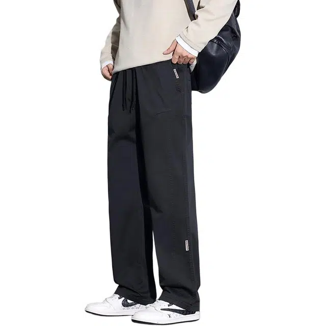 协协乐 高街风拼接设计感纯色美式复古春秋季宽松直筒阔腿拖地裤青少年抽绳百搭痞帅长裤休闲裤 男款