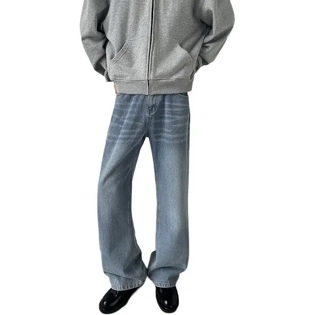 袋鼠 高个子加长版型长裤美式复古显瘦百搭基础款通勤阔腿裤高街弯刀修身微喇裤牛仔裤 男女同款