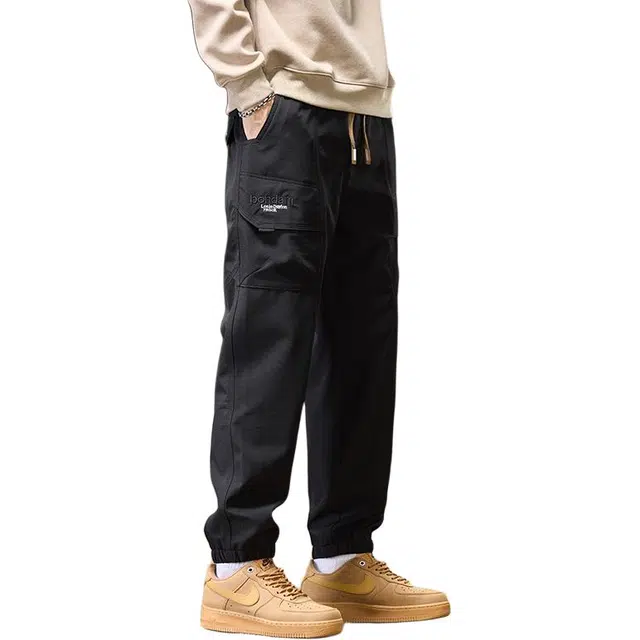 协协乐 高街机能风简约时尚大口袋秋冬季美式复古宽松哈伦九分束脚裤百搭青少年抽绳痞帅休闲长裤工装裤 男款