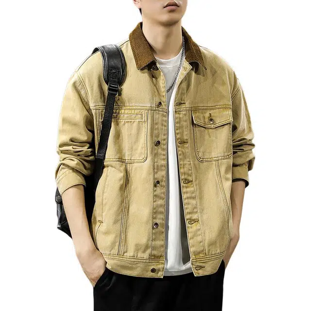 前进牛 美式复古重磅底特律纯棉废土风水洗工装夹克男潮流硬汉高级感灯芯绒领子潮牌休闲男牛仔外套 男款