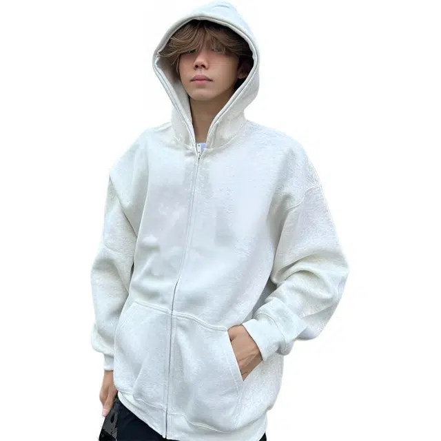 黑马漫画 重磅纯色连帽卫衣男秋季高街情侣开衫外套潮牌宽松痞帅上衣 男女同款