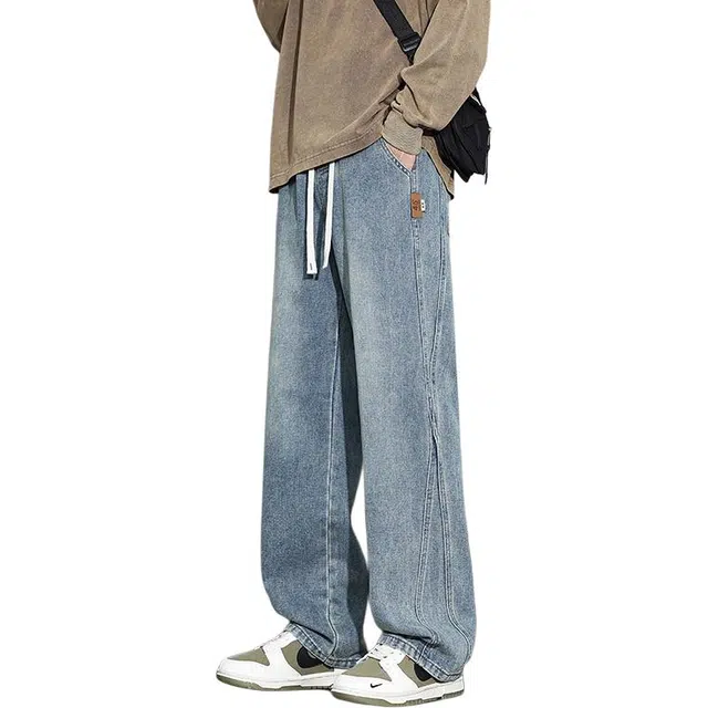 么宁 美式高街宽松直筒裤简约百搭抽绳松紧腰长裤舒适透气个性时尚牛仔裤 男女同款