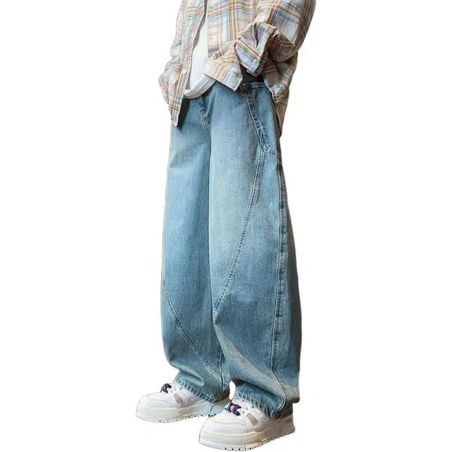 大格子与黑猫 弯刀男秋冬款潮牌美式复古阔腿裤子宽松直筒水洗工装裤牛仔裤 男女同款