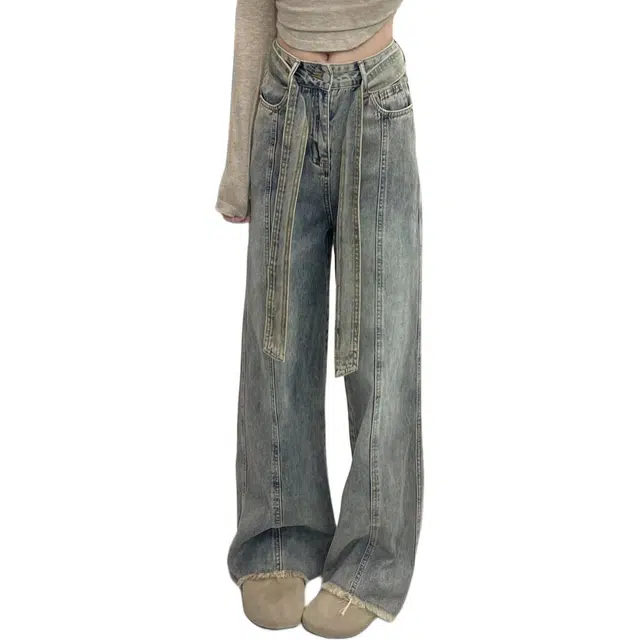 邓大喵 美式复古怀旧毛边高腰女秋冬设计感高街直筒阔腿裤子潮牛仔裤 女款