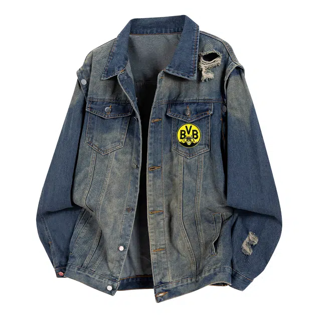 普鲁士多特蒙德 美式高街痞帅破洞毛边设计感可拆卸别针高级感水洗做旧工装风宽松休闲落肩长袖牛仔外套 男女同款