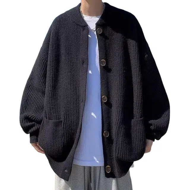 大格子与黑猫 秋冬纯色宽松百搭休闲开衫毛衣春秋季慵懒外套针织衫 男女同款