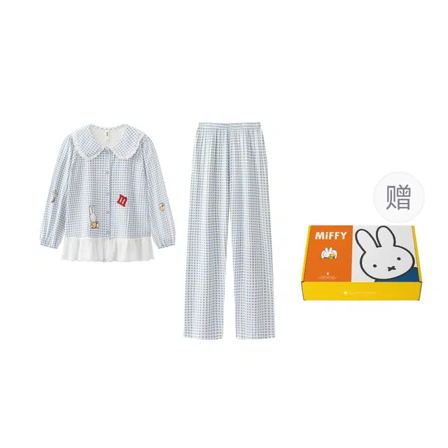 宫蝶 米菲纯棉长袖甜美风家居服卡通休闲格子可外穿宽松开衫睡衣套装 女款 礼盒装