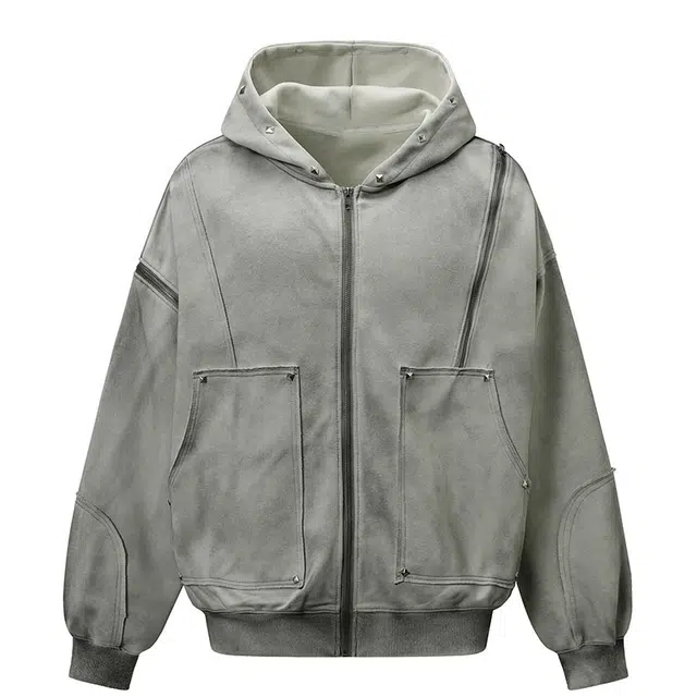 拾个壹先生 美式复古高街重磅做旧宽松休闲百搭设计感拉链帽衫卫衣 男女同款