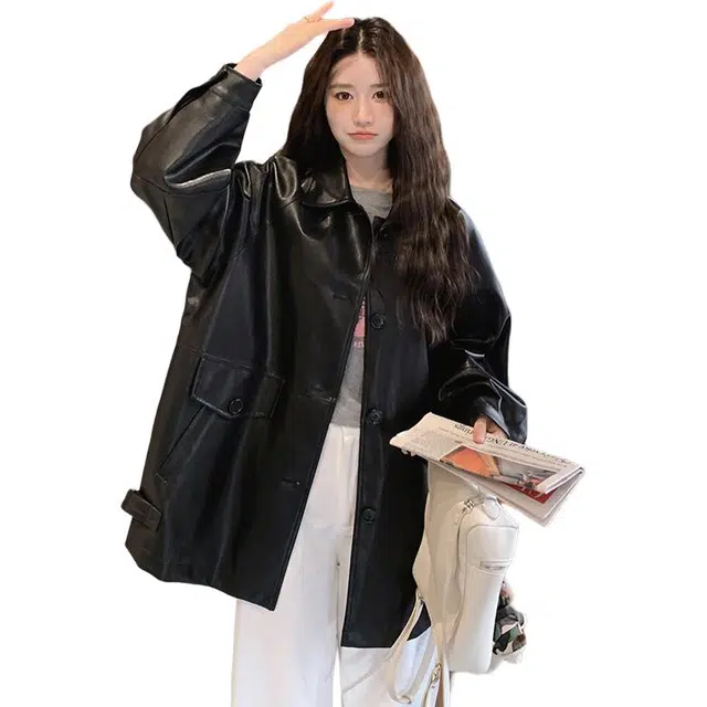 稻草人 简约宽松休闲百搭时尚韩版中长款机车风秋冬外套皮衣 女款