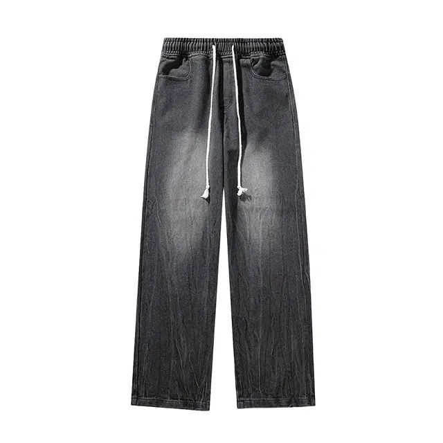 加荣 美式高街风基础款男牛仔裤简约设计宽松男裤纯色显高显瘦百搭男款裤秋季日常通勤复古松紧腰潮牌痞帅男长裤 男女同款