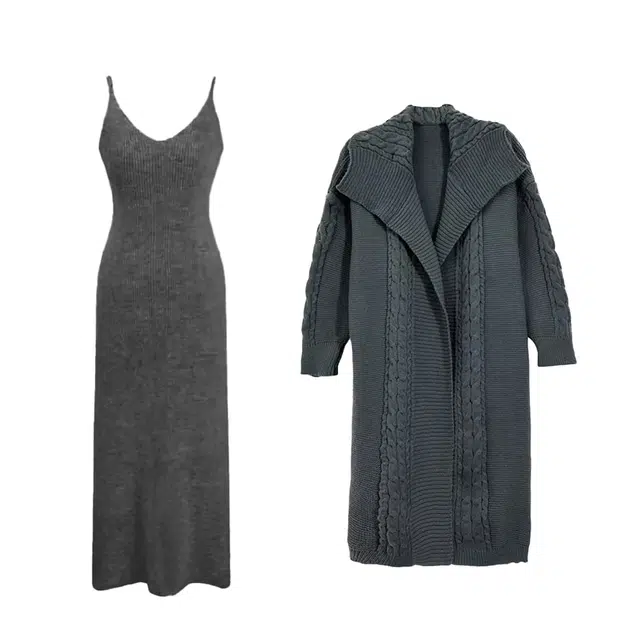 敲模女孩 法式软糯慵懒风气质中长款开衫内搭吊带针织修身包臀连衣裙裙装套装 女款