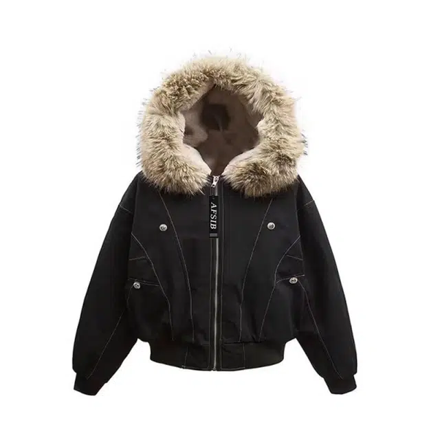 艾梵斯贝 美式复古潮流毛领座山雕加绒棉服拼接解构高级感无性别日常通勤百搭高街风宽松休闲时尚学院风短款连帽夹克 男女同款