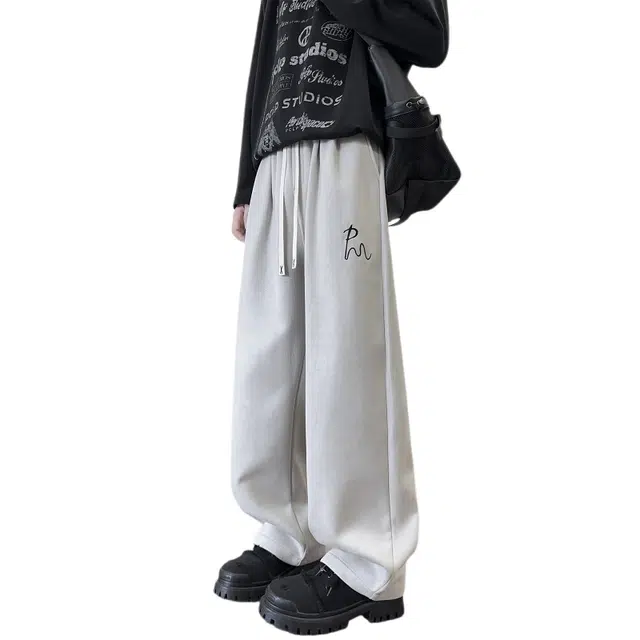 引创 刺绣设计感裤子男潮牌痞帅炸街宽松大码简约高级百搭阔腿直筒长裤休闲裤 男女同款
