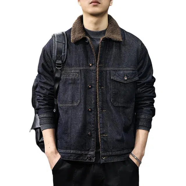 前进牛 冬季加绒保暖羊羔绒城市机能美式复古水洗工装翻领牛仔外套 男款
