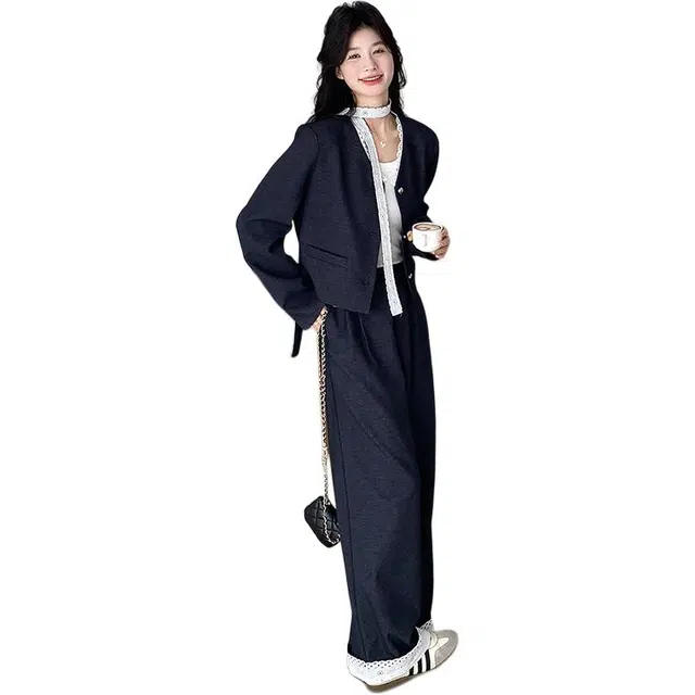 袋鼠 蕾丝拼接时尚夹克外套阔腿裤两件套穿搭休闲套装 女款