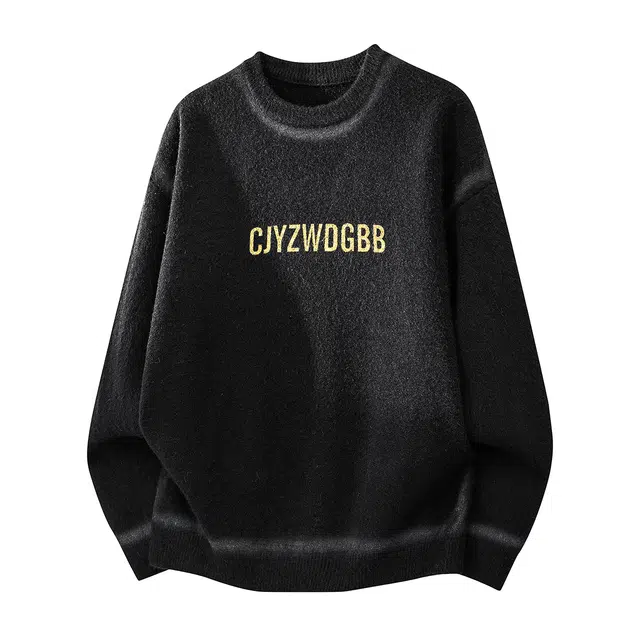 快鱼 美式复古高街学院风纯色字母印花圆领宽松休闲时尚百搭日常通勤长袖打底衫毛衣 男女同款