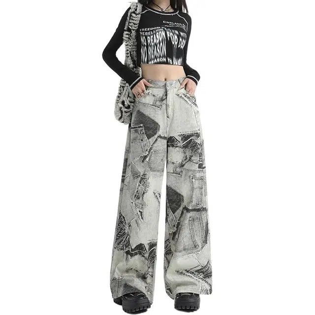 如续 美式辣妹数码印花酷辣风阔腿女做旧废土风拖地女装休闲裤牛仔裤 女款