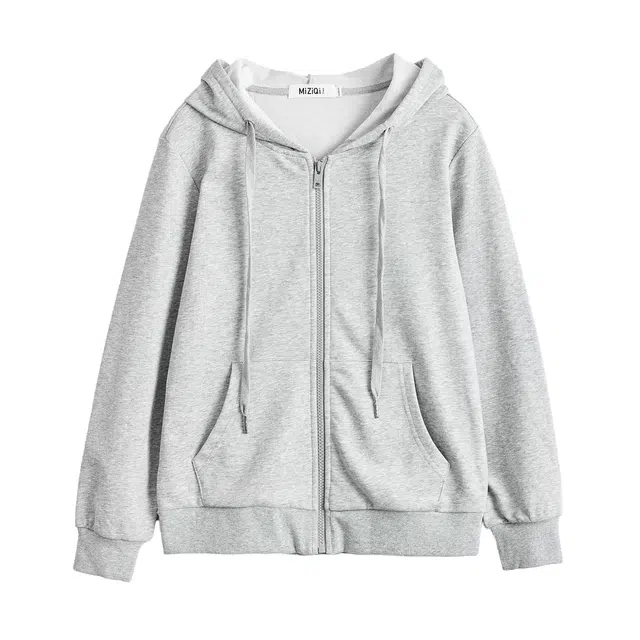 米子旗 灰色连帽拉链常规长袖通勤开衫休闲宽松卫衣百搭外套 女款