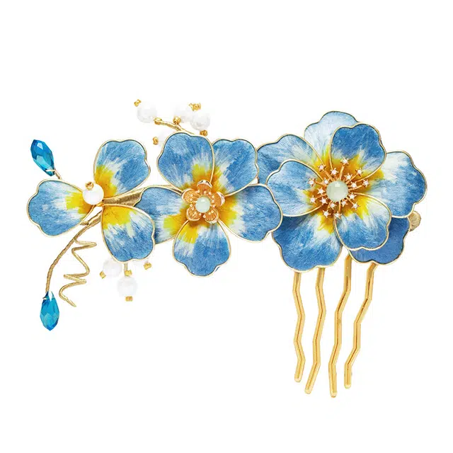 聆听花开 高品质非遗绒花新中式小众蓝色古风高级感旗袍簪子汉服古装发钗发梳头饰精致工艺优雅设计古典风格 合金 蓝梅映雪发簪 女款