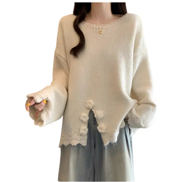 荟萃阁 别致小心机露背蝴蝶结大码开叉立体花朵针织衫 女款