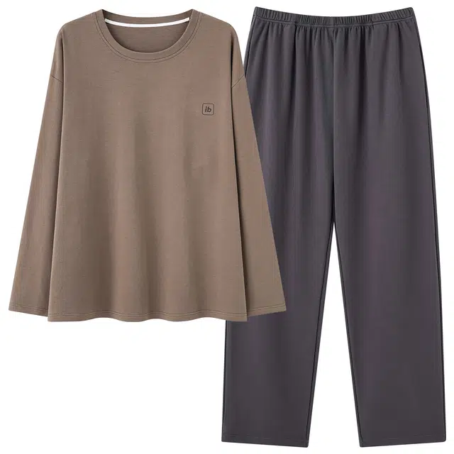 莫代尔 春秋季舒适柔软经典纯棉圆领套头简洁长袖长裤家居服可外穿睡衣套装 男款