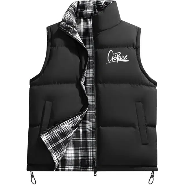 中国航天 美式复古立领格子休闲工装外穿宽松无袖保暖背心秋冬日常通勤慵懒感简约舒适百搭面包服马甲 男女同款