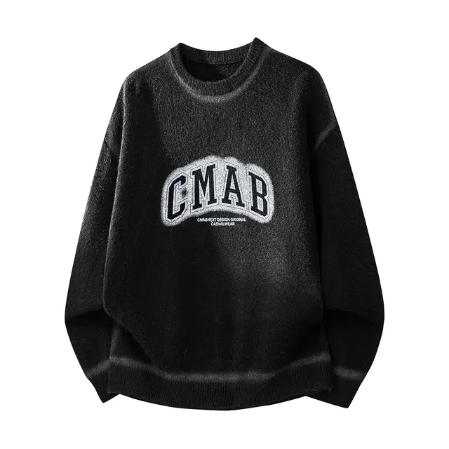 快鱼 美式高街潮流学院风纯色字母印花圆领宽松休闲时尚百搭日常通勤长袖打底衫毛衣 男女同款