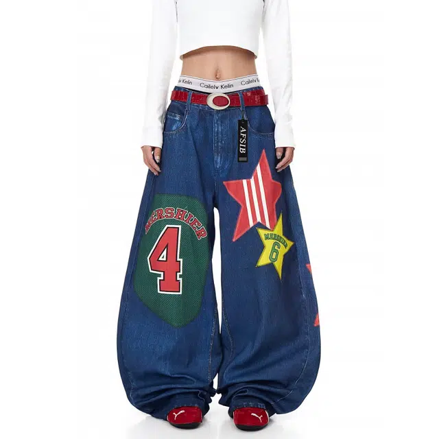 艾梵斯贝 美式复古潮流水洗做旧贴布刺绣灯笼裤松紧腰宽松显瘦哈伦老爹裤小众设计款无性别日常通勤百搭高街风个性牛仔裤 男女同款