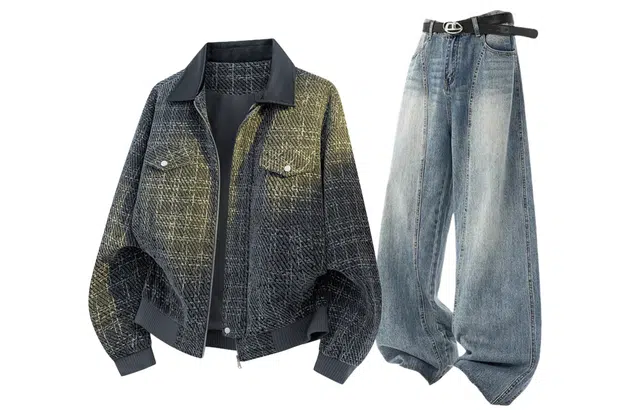 梓润格 美式复古巴恩风千鸟格夹克外套蓝拖地牛仔裤高街宽松阔腿直筒设计感弯刀裤休闲运动套装 男女同款