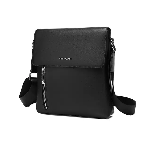 稻草人 时尚潮流轻便真皮多隔层上班通勤百搭 牛皮 单肩斜挎包 男款 黑色