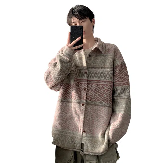 顶峰保罗 民族风提花古着巴洛克潮牌复古新中式宽松翻领无性别主义简约百搭加肥加大长袖夹克外套 男女同款