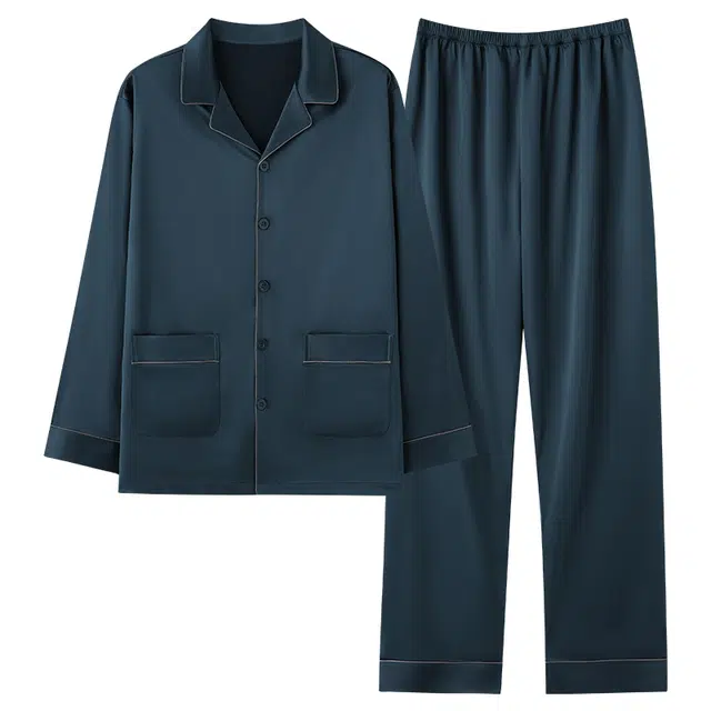 俏佳人 丝滑冰丝高级感开衫翻领纯色简约休闲亲肤透气舒适家居服长袖长裤睡衣套装 男款