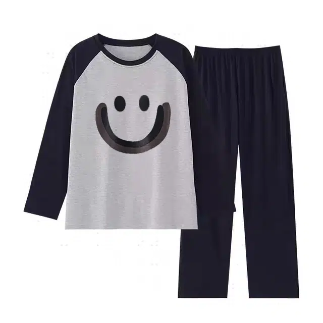 俏韵 圆领春秋季仿棉简约笑脸长袖休闲甜美可爱薄款舒适家居服可外穿 睡衣套装 女款